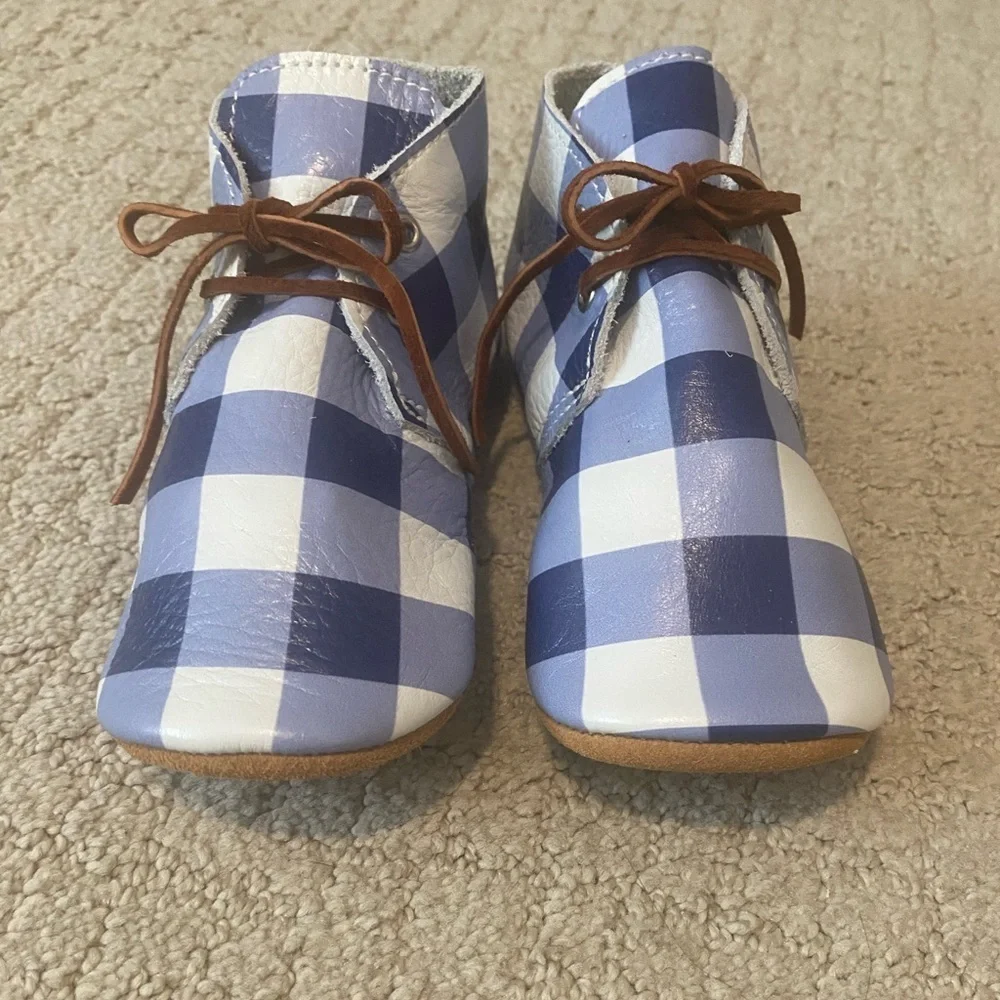 NEW Mon Petit Leather Blue White Checkered Shoes Size 8 Real Leather
